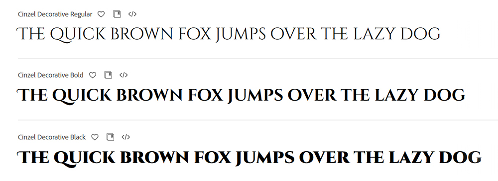 adobeフォントおすすめ７選【Cinzel Decorative】文字の端に繊細な装飾が入っていて、高級感やエレガントな雰囲気を演出できる