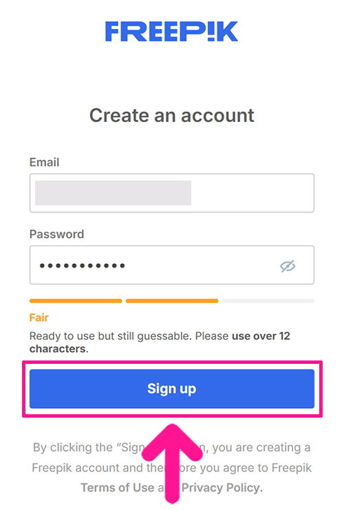 Freepikアカウントの作成方法 ステップ10：『Sign up』ボタンをクリックする