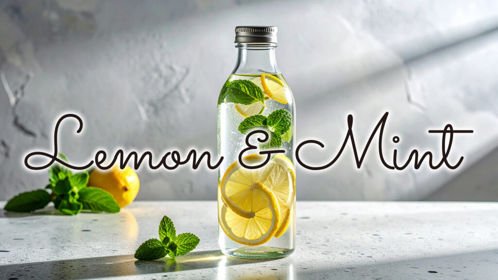 レモンとミントを入れた瓶入りドリンクの写真に「Lemon & Mint」という文字を重ねたデザイン。グーグルフォントの「Sacramento」を使用しています。(デザイナーのおもち制作)