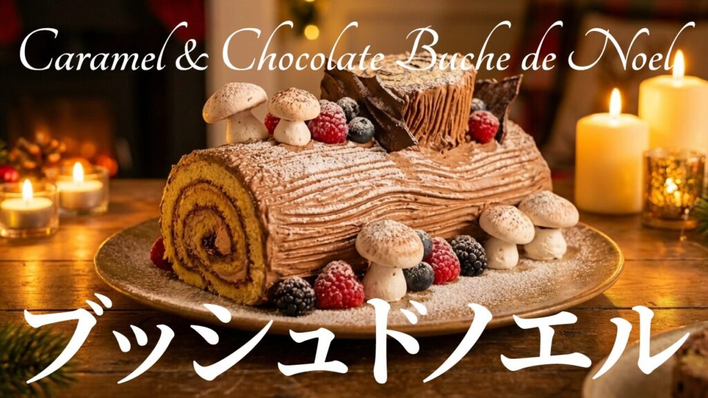 キャンドルとともに飾られたブッシュドノエルの写真に「Caramel & Chocolate Buche de Noel」という文字を重ねたデザイン。グーグルフォントの「Tangerine」を使用しています。(デザイナーのおもち制作)