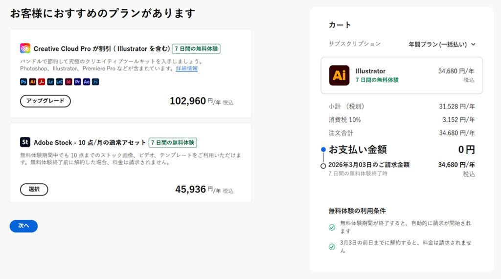 Illustratorのインストール方法 ステップ10：お支払い金額の確認ページが表示されました