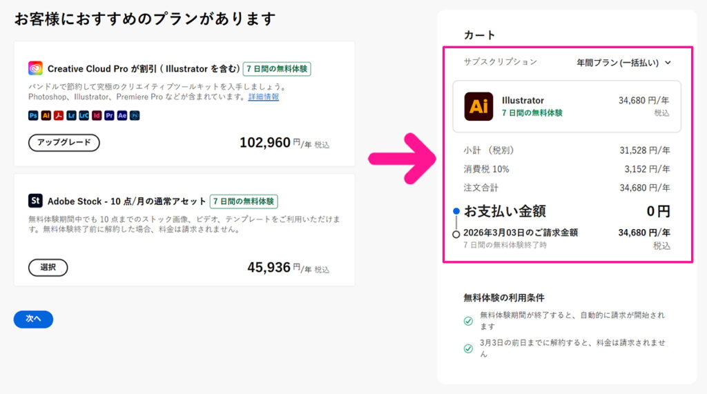 Illustratorのインストール方法 ステップ11：お支払い金額が『0円』になっていることを確認する