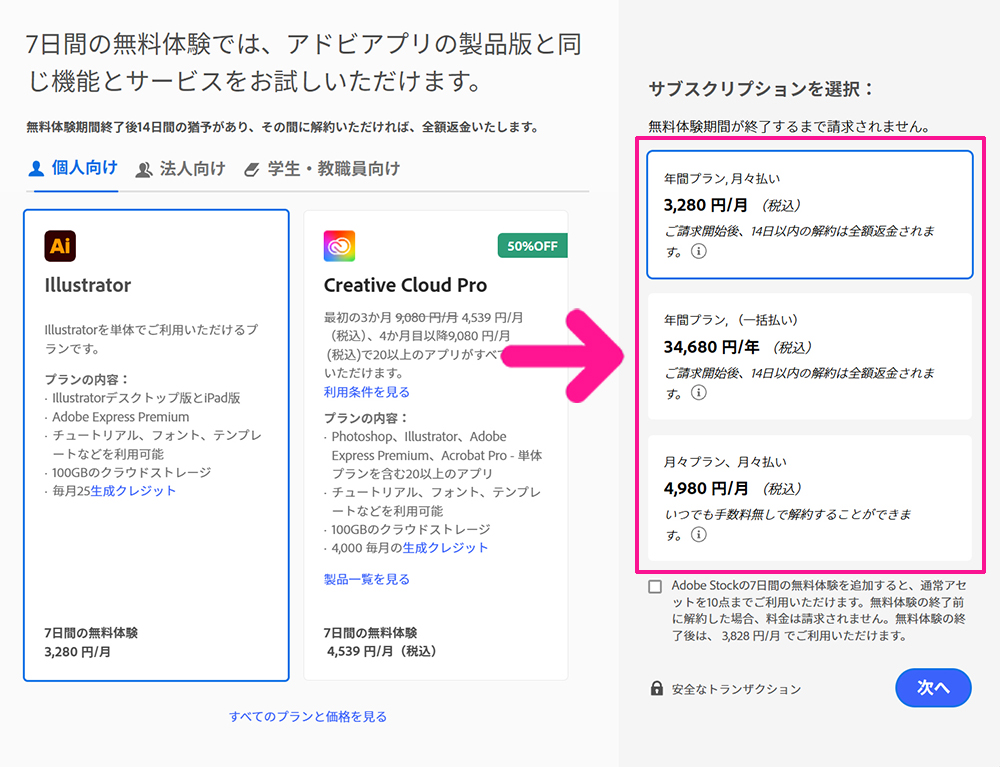 Illustratorのインストール方法 ステップ5：サブスクリプションのプランを選ぶ