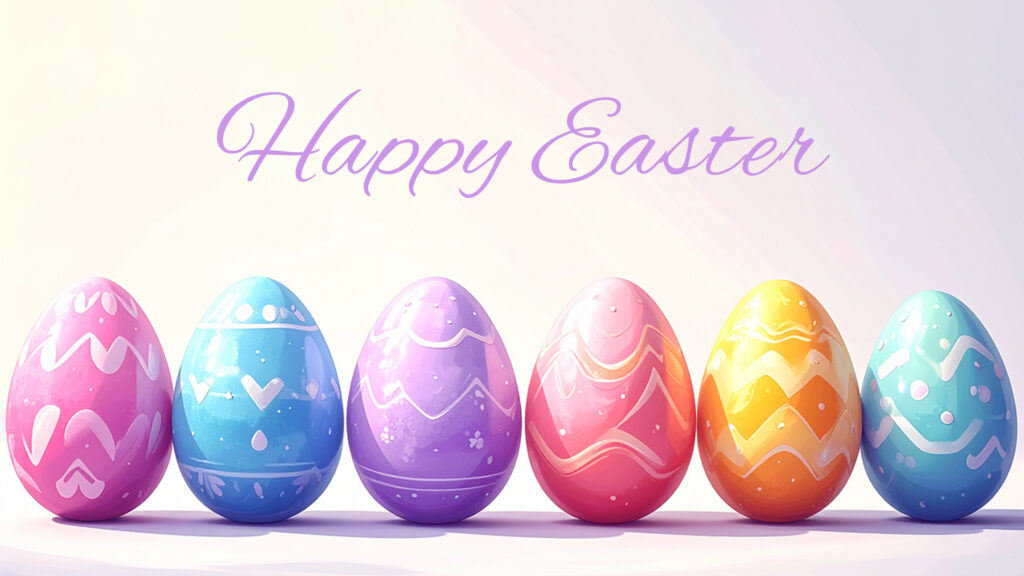 パステルカラーのイースターエッグが並んだ写真に「Happy Easter」という文字を重ねたデザイン。フリーフォントの「Alex Brush」を使用しています。(デザイナーのおもち制作)