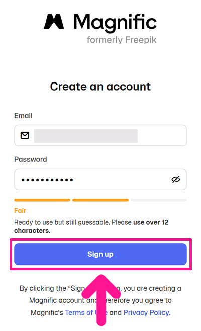 Magnificアカウントの作成方法 ステップ10：『Sign up』ボタンをクリックする