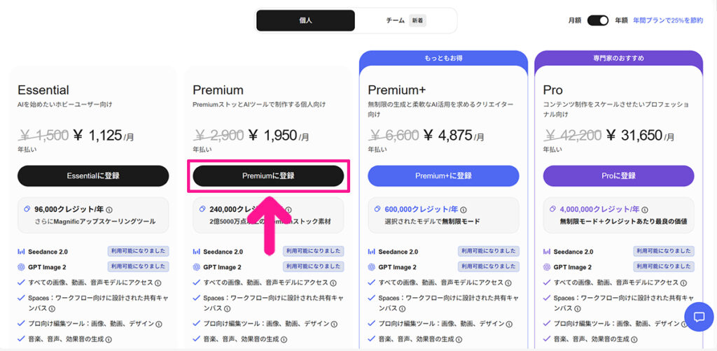 Magnific料金と支払い方法 ステップ3：契約したいプランが決まったら、ボタンをクリックする
