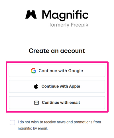 Magnificアカウントの作成方法 ステップ6：アカウント作成は、３種類からお好きな方法を選択できる