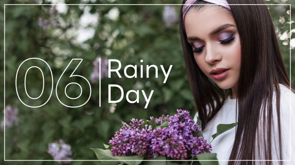 緑の植物を背景に、紫色のライラックの花束を持つ女性の写真に、『06 Rainy Day』という文字を重ねたVlog・ビューティー系デザイン。6月や雨の日のテーマを表現しています。（デザイナーおもち制作）
