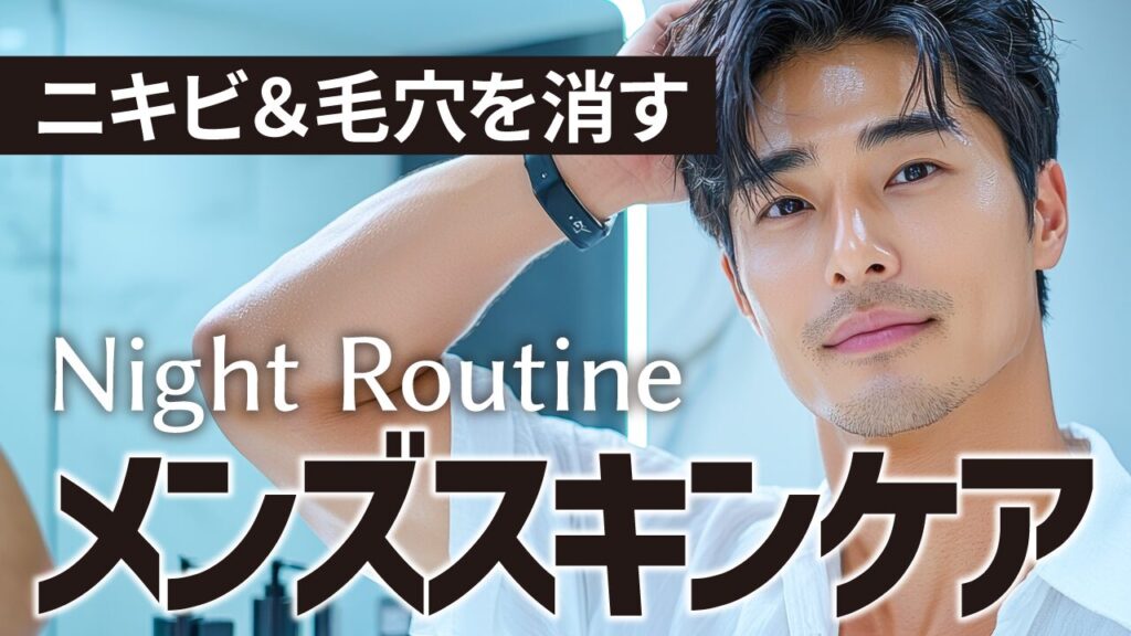 鏡の前で髪を整える肌の綺麗な男性の写真に、『ニキビ＆毛穴を消す Night Routine メンズスキンケア』という文字を重ねたメンズ美容・スキンケア系YouTubeサムネイルの作例。フリーフォントの『コーポレート・ロゴ ver2』を使用しています。（デザイナーのおもち制作）
