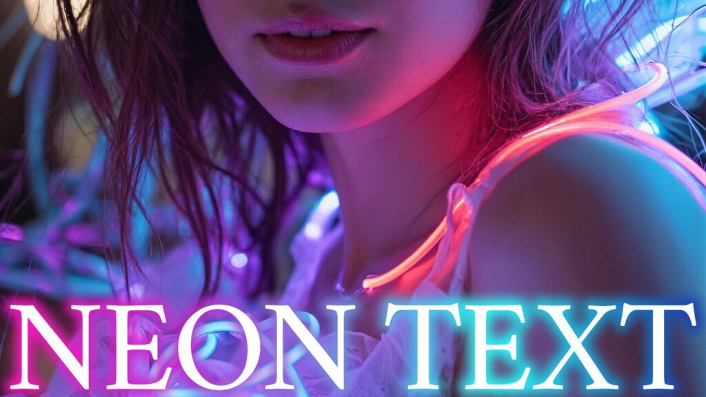 ネオンライトに照らされた女性の写真に「NEON TEXT」という文字を重ねたデザイン。フリーフォントの「源暎ノンブル」を使用しています。(デザイナーのおもち制作)