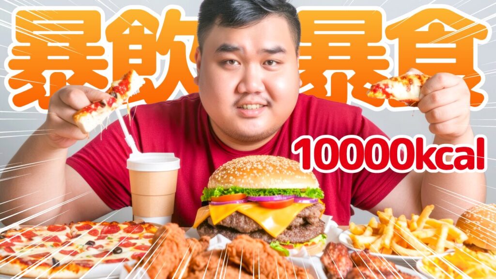 ピザやハンバーガーなど大量のジャンクフードを前にした男性の写真に、『暴飲暴食 10000kcal!』という文字を重ねた大食い系YouTubeサムネイルの作例。フリーフォントの『M PLUS Rounded 1c』を使用しています。（デザイナーのおもち制作）