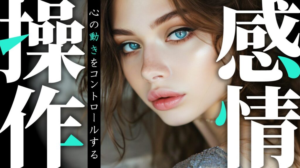 エメラルドグリーンの瞳が印象的な女性の顔のアップに、『感情操作 心の動きをコントロールする』という文字を重ねたデザイン。（デザイナーおもち制作）