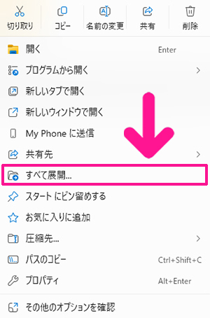 ダウンロードしたグーグルフォントをパソコンにインストールする方法 ステップ3.『すべて展開』を選択