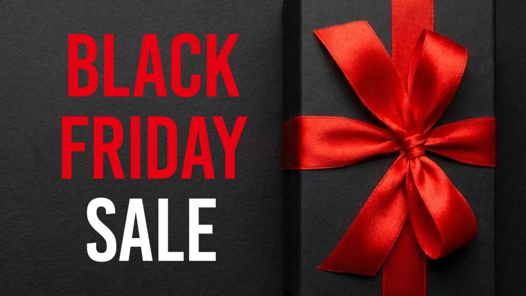 黒い箱に赤いリボンをかけたギフトの写真に「BLACK FRIDAY SALE」という文字を重ねたデザイン。フリーフォントの「Bebas Kai」を使用しています。(デザイナーのおもち制作)