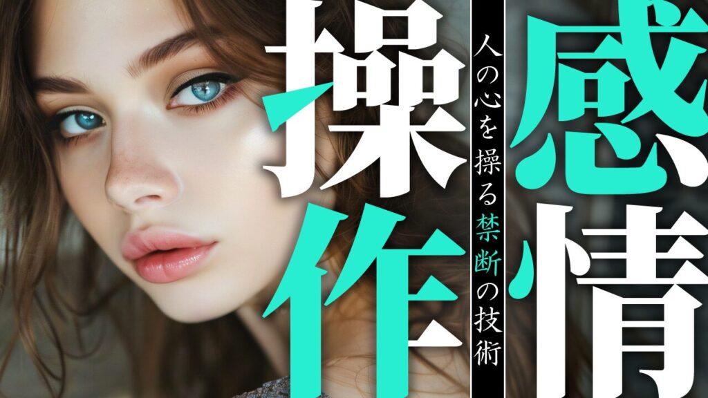青い瞳の女性の顔のアップに「感情操作」という文字を重ねたデザイン。Adobeフォントの「源ノ明朝」を使用しています。(デザイナーのおもち制作)